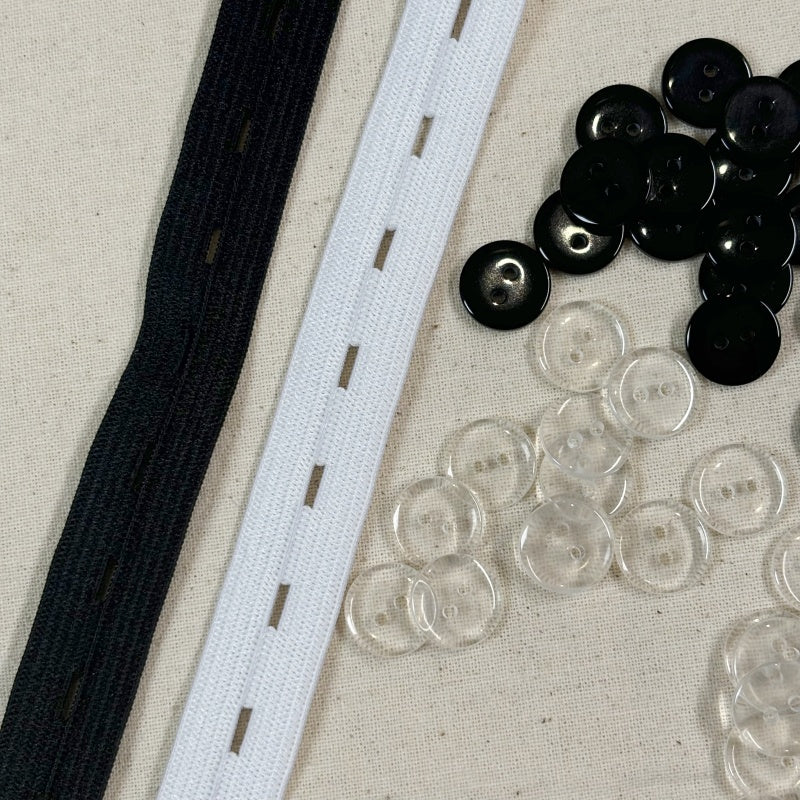 15mm de largeur - 10 mètres de Bobine élastiques réglables à boutonnière avec 40 boutons en résine -