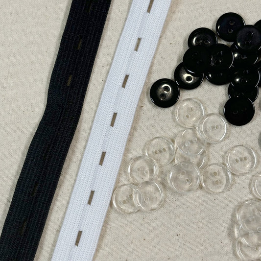 15mm de largeur - 10 mètres de Bobine élastiques réglables à boutonnière avec 40 boutons en résine -