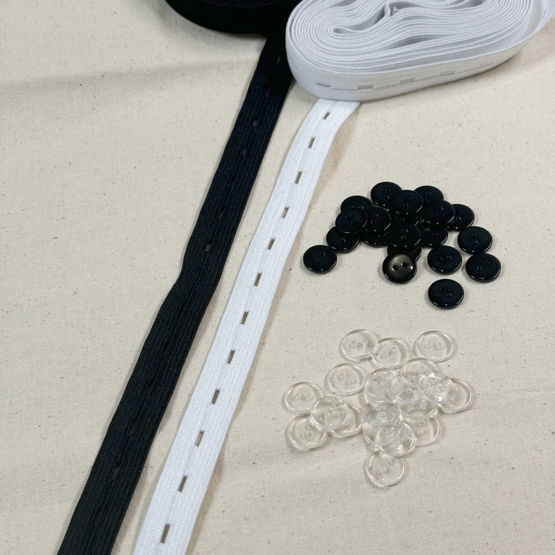 15mm de largeur - 10 mètres de Bobine élastiques réglables à boutonnière avec 40 boutons en résine -