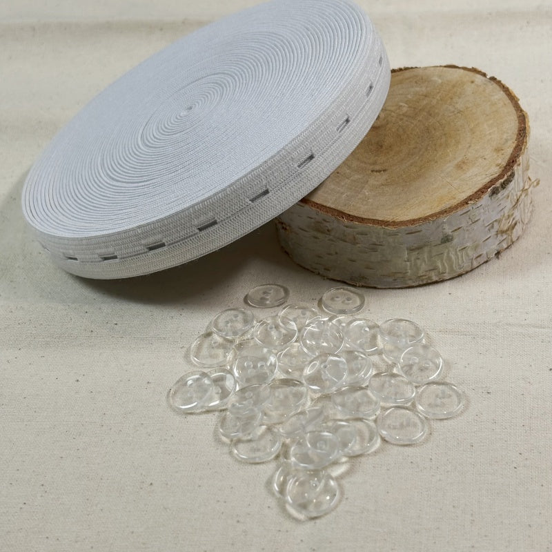 15mm de largeur - 10 mètres de Bobine élastiques réglables à boutonnière avec 40 boutons en résine -