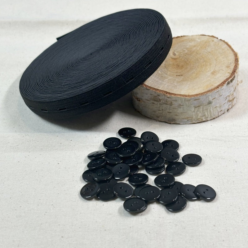 15mm de largeur - 10 mètres de Bobine élastiques réglables à boutonnière avec 40 boutons en résine -