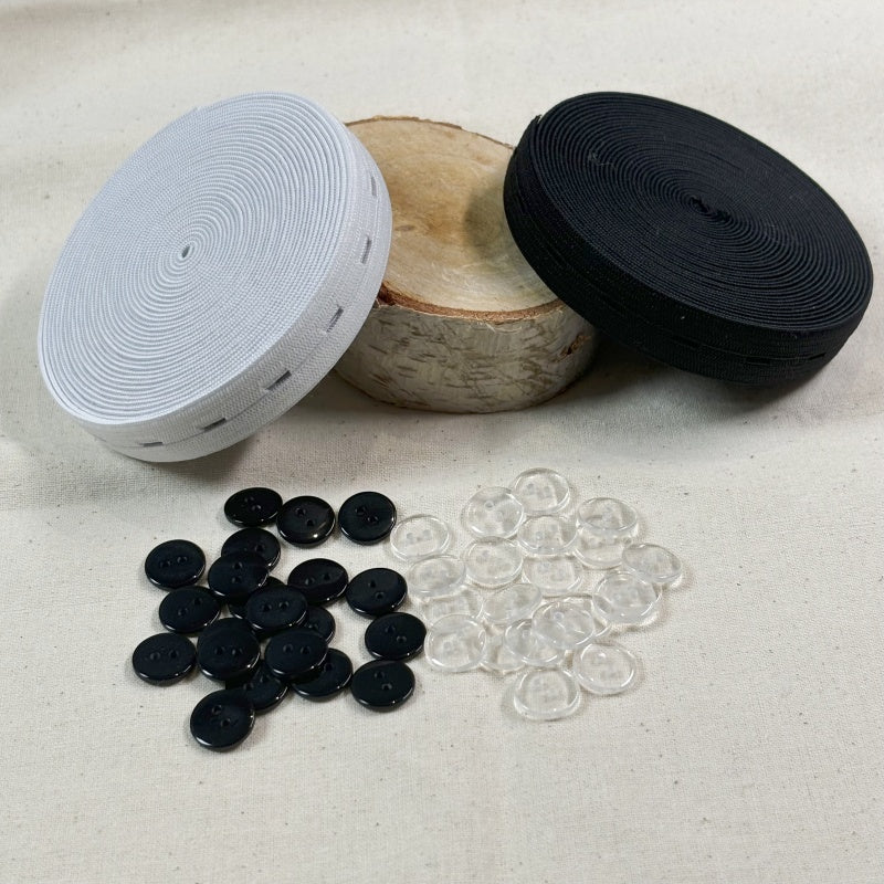 15mm de largeur - 10 mètres de Bobine élastiques réglables à boutonnière avec 40 boutons en résine -