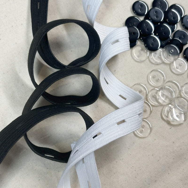 15mm de largeur - 10 mètres de Bobine élastiques réglables à boutonnière avec 40 boutons en résine -