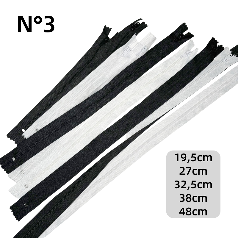 Fermetures éclair fermée pour la couture - N°3 - Noir et Blanc - 19,5cm / 27cm / 32,5cm / 38cm / 48cm