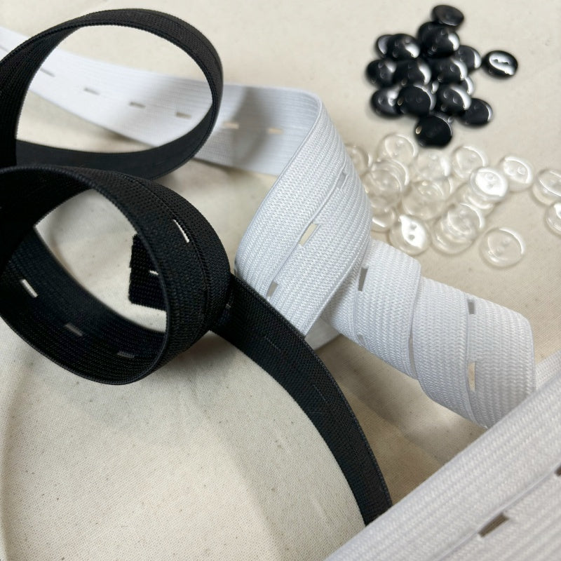 25mm de largeur - 10 mètres de Bobine élastiques réglables à boutonnière avec 40 boutons en résine