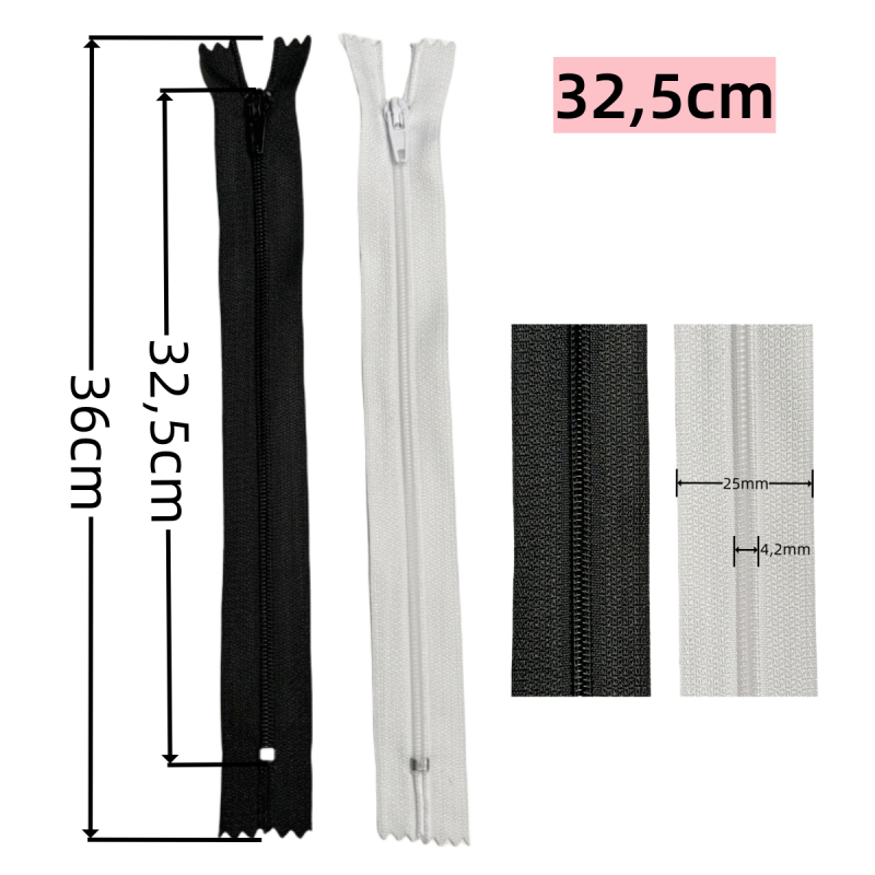 Fermetures éclair fermée pour la couture - N°3 - Noir et Blanc - 19,5cm / 27cm / 32,5cm / 38cm / 48cm